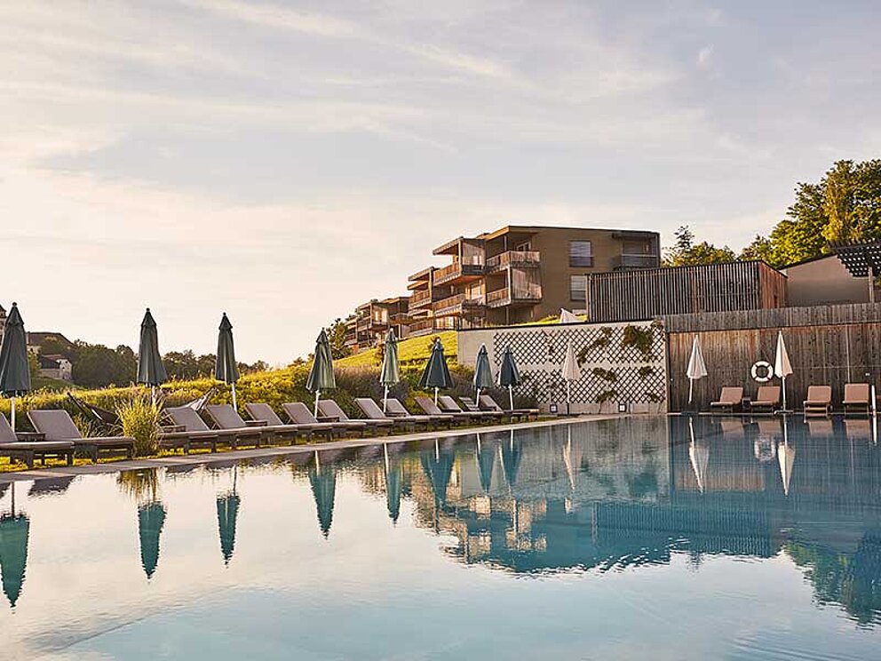Großer Hotelpool mit Schirmen und Liegen. Im Hintergrund das Hotel inmitten von Weingärten
