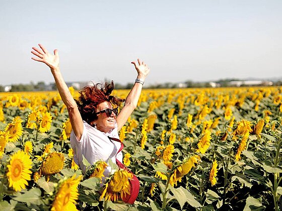 eine Dame steht inmitten eines Sonnenblumenfeldes. Alle Blüten sind aufgeblüht.