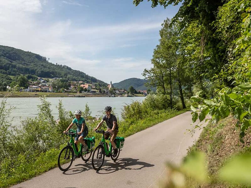 zwei Radfahrer am Donauradweg vorbei an Kramesau
