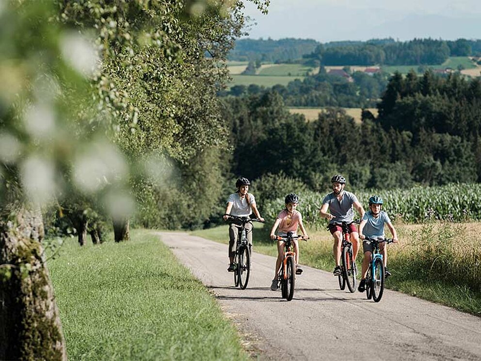 eine Familie mit 2 Kindern am asphaltieren Radweg.