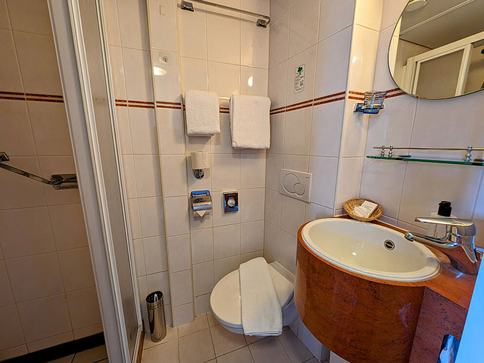 Duschkabine, WC, Handtuchhalter, Waschbecken mit Spiegel