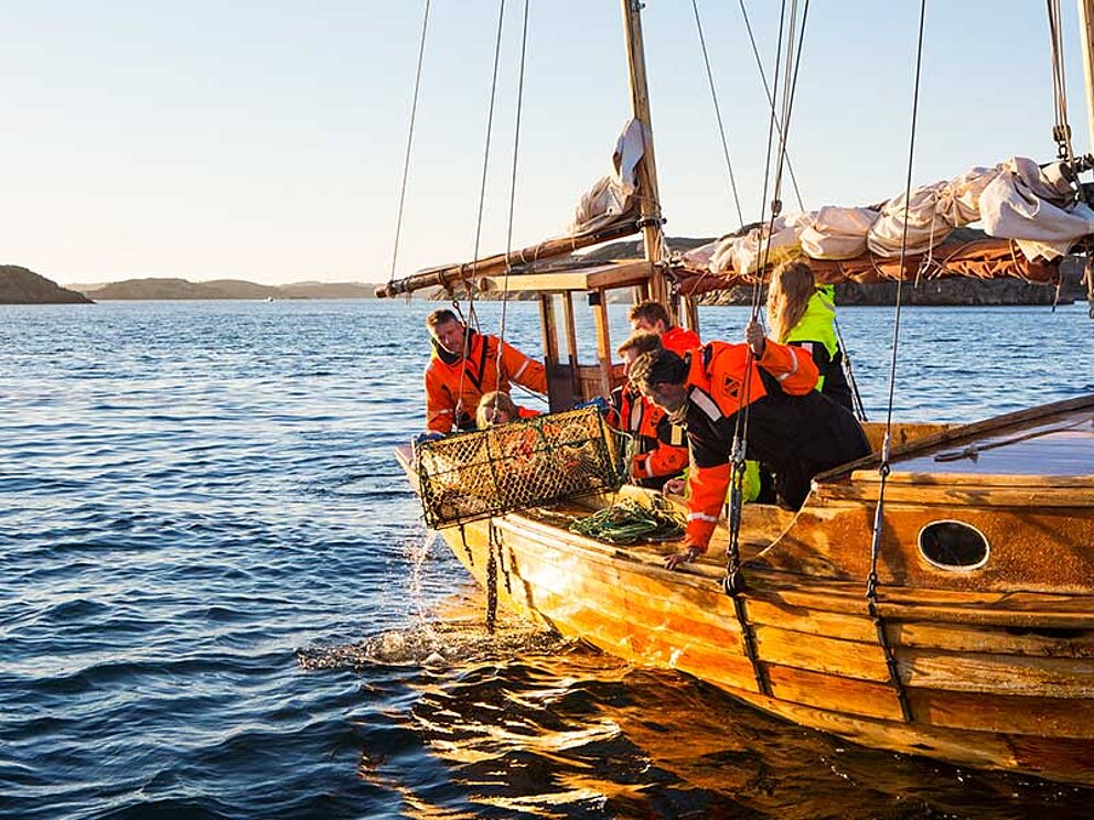 Ein Fischkutter mit Fischern, die eine Reuse mit Hummern an Bord ziehen.