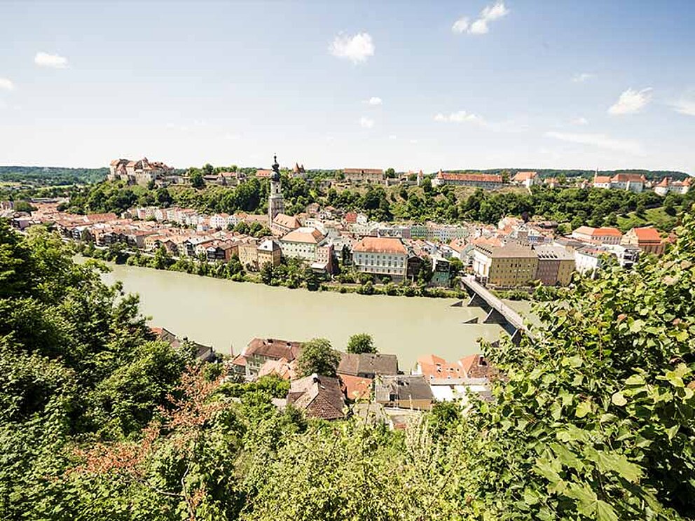 Luftaufnahme der Stadt mit dem Fluss Salzach