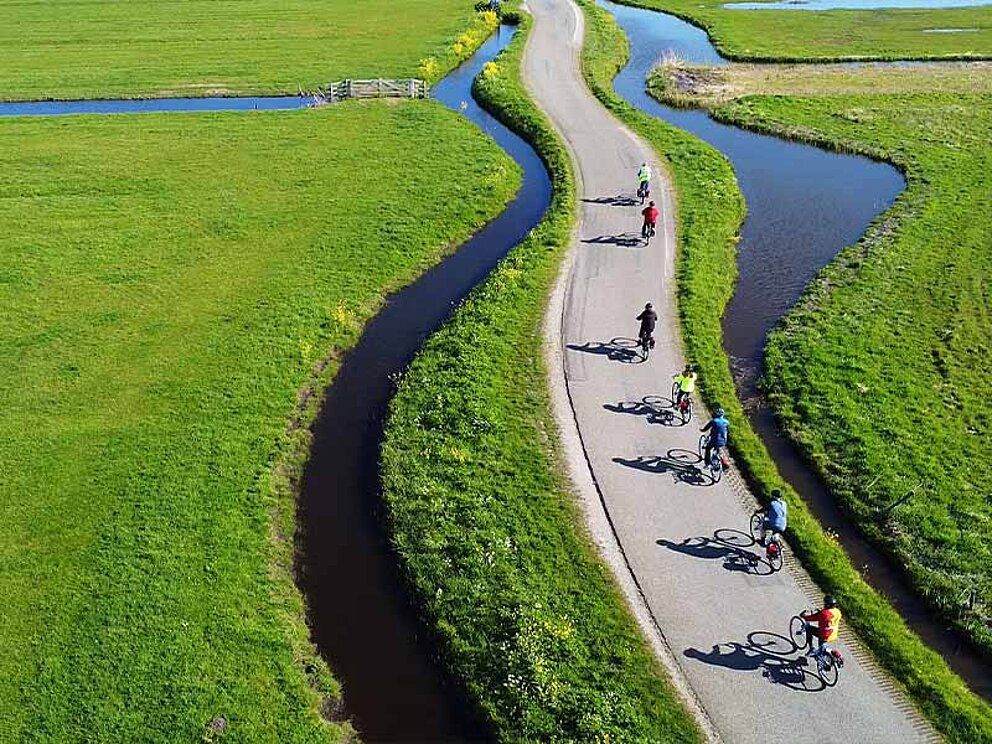 ein Radweg umgeben von Bächen mit 7 Radfahrern