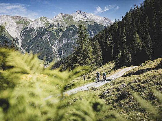 2 Biker am Schotterweg, im Hintergrund Bergpanorama