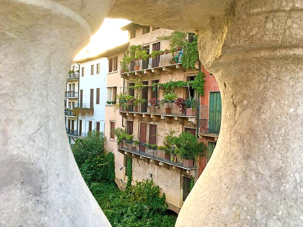 Blick auf ein mit Pflanzen bewachsenes Haus durch ein Brückengeländer