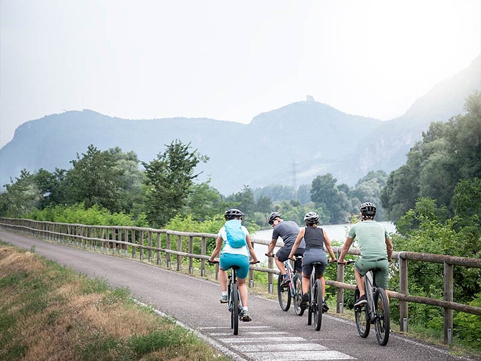 eine Gruppe von Radfahrern am asphaltierten Radweg