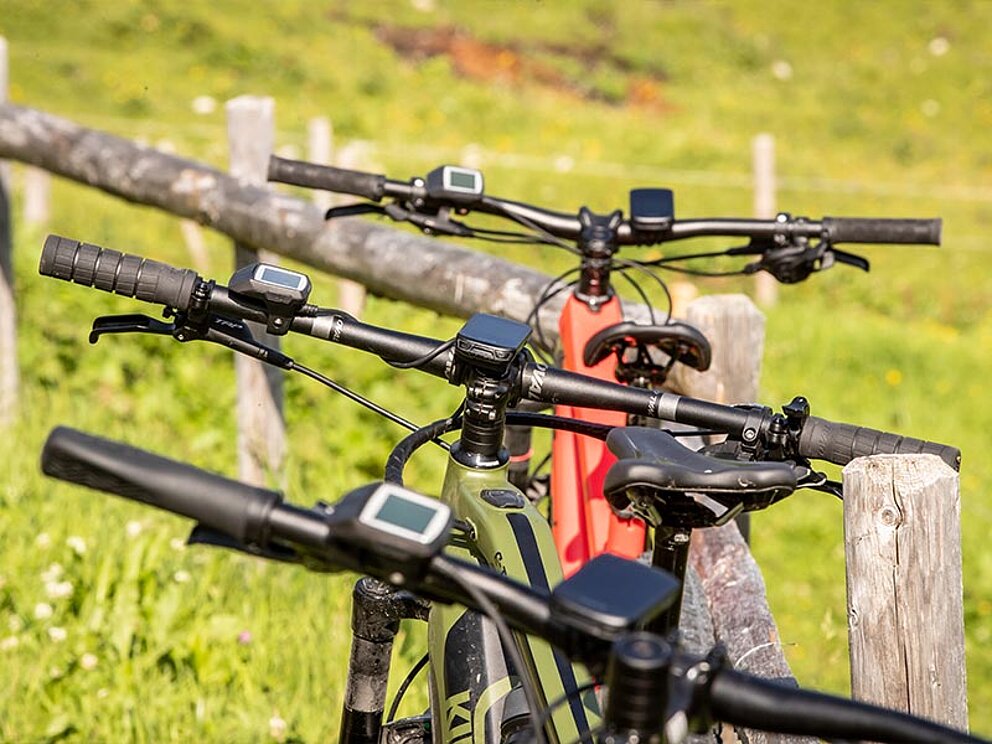 3 E-MTBs lehnen am Weidezaun