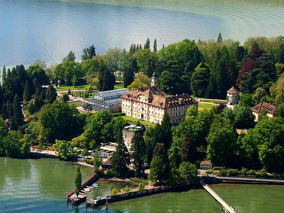Blick auf die Insel Mainau mit Palmenhaus direkt am Bodensee 
