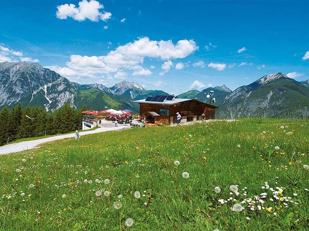 Blick auf eine Schutzhütte mit Bewirtschaftung auf der Terrasse. Im Hintergrund alpine Bergwelt