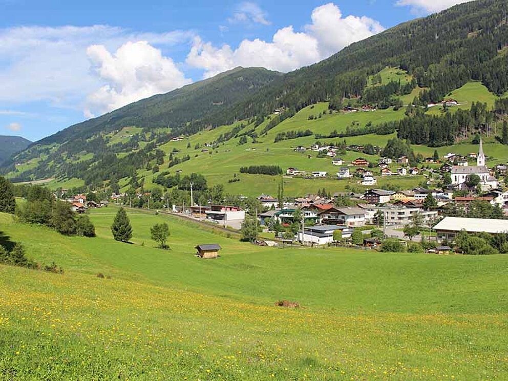 Blick auf den Ort Sillian mit blühenden Wiesen am Drauradweg