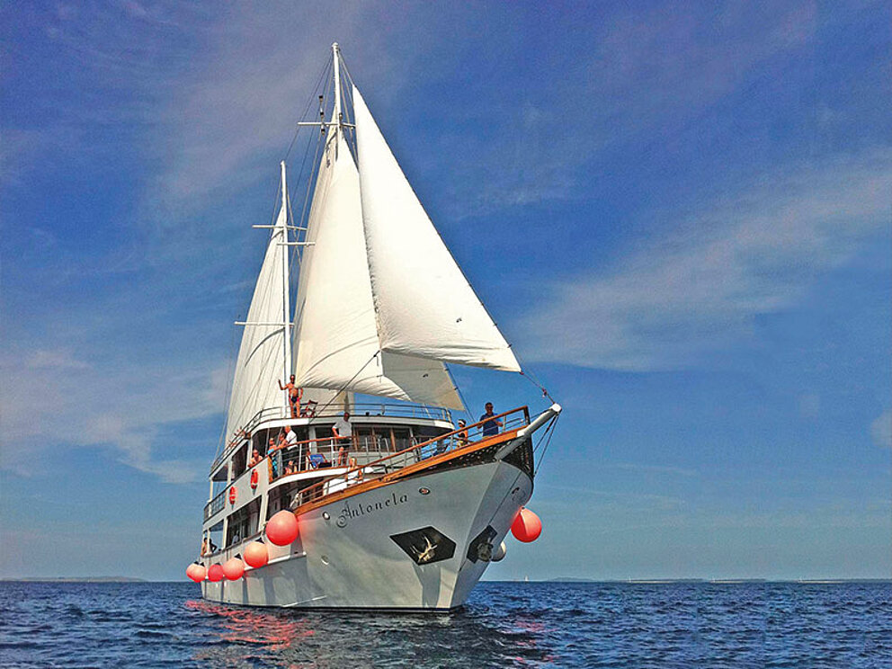 Segelschiff mit gehissten Segeln am Meer