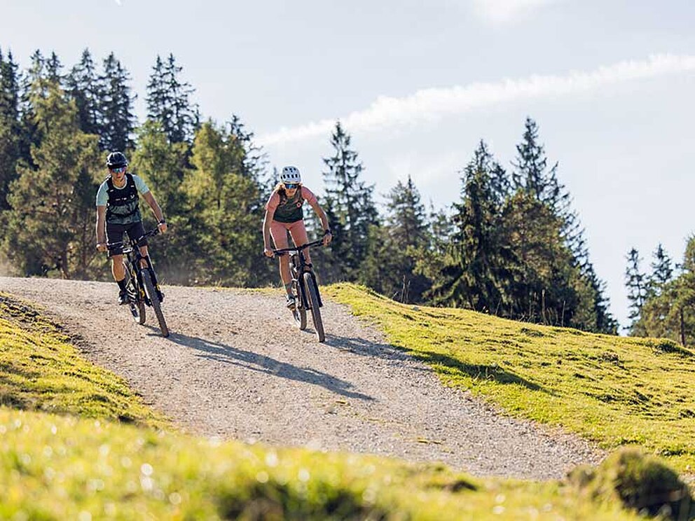 2 Biker auf einem Forstweg im Gebirge