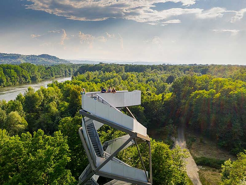 Menschen blicken vom hölzernen Turm weit in den UNESCO Biosphärenpark