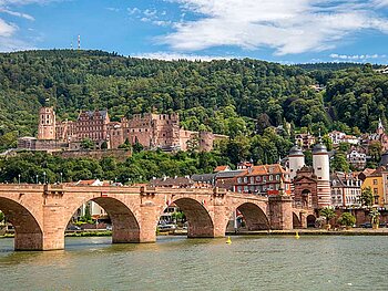 Blick auf die Alte Brücke und das Schloss in Heidelberg