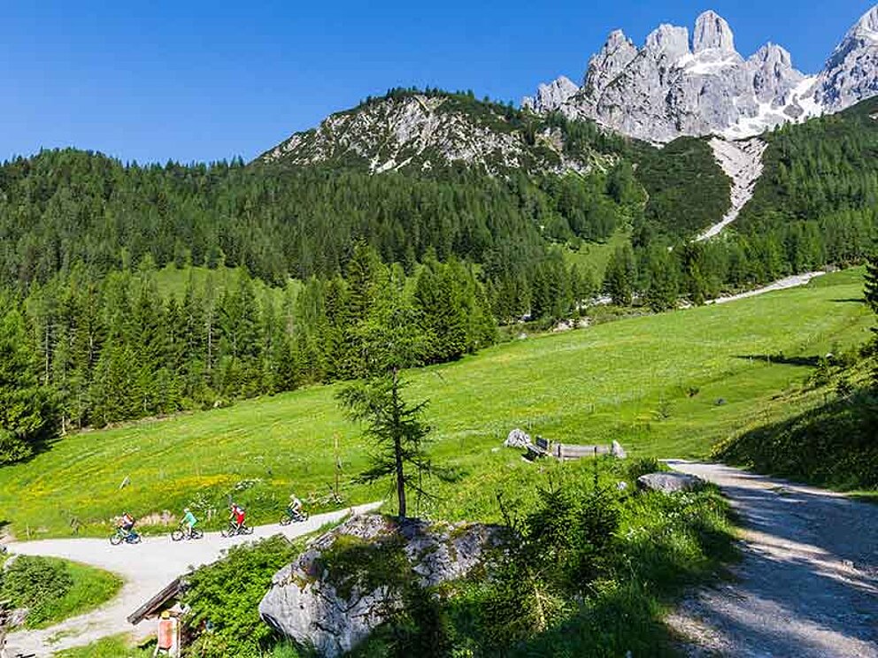 Mountainbike-Gruppe downhill unterwegs auf der Strecke der Dachsteinrunde
