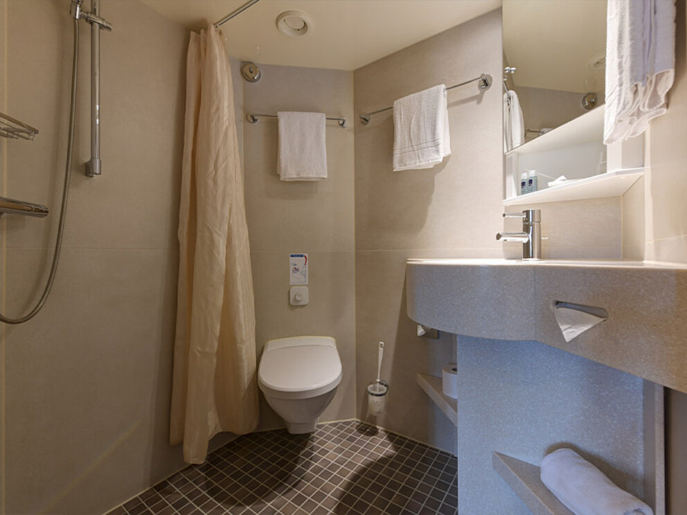 Waschbecken mit Spiegelschrank, Handtüchern, WC, Dusche mit Duschvorhang