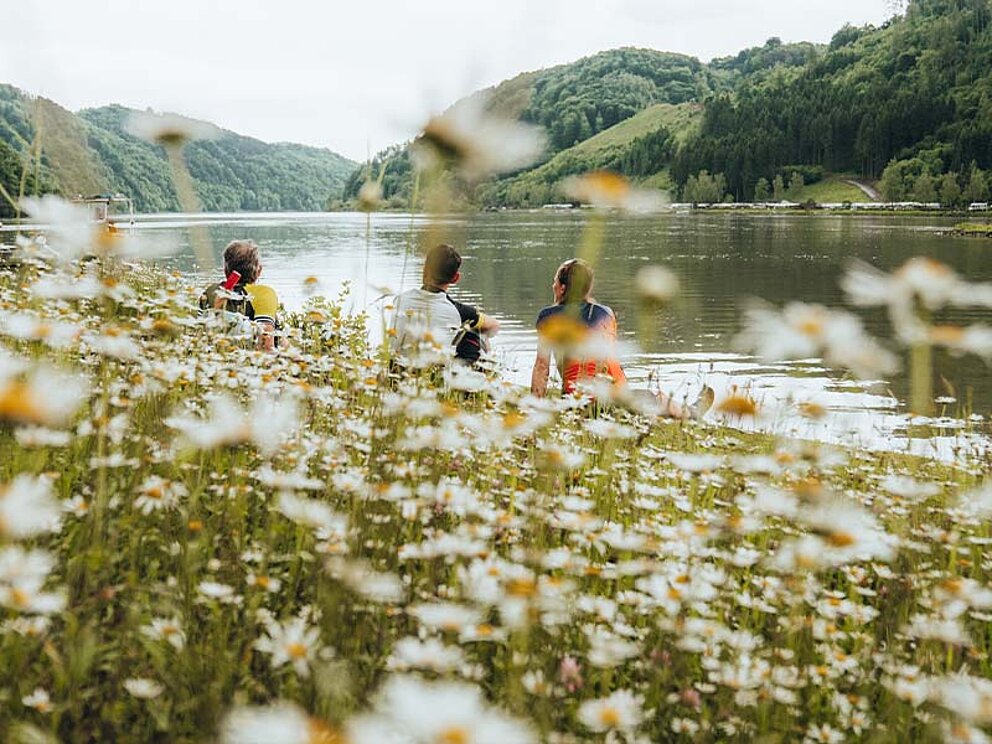 3 Biker sitzen am Donauufer in der Blumenwiese