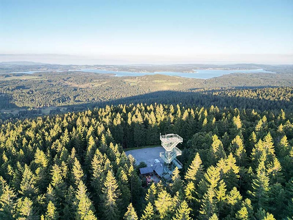 Panorama mit Aussichtsturm und Moldaustausee.
