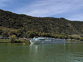 Das Schiff in Fahrt am Rhein.