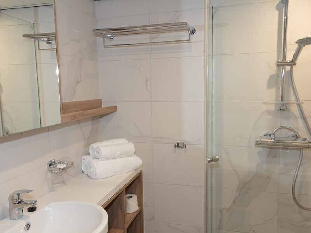 Das Badezimmer einer Kabine auf dem Schiff De Holland. Spiegel, Waschbecken, Dusche.