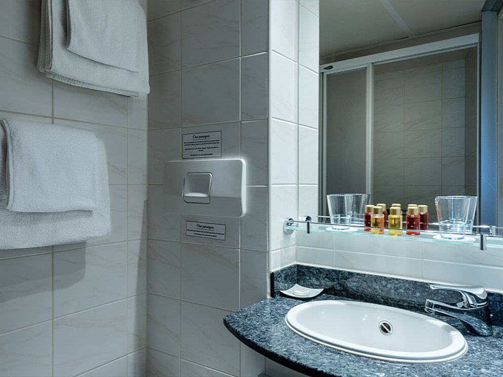 Badezimmer mit Waschbecken und Duschkabine