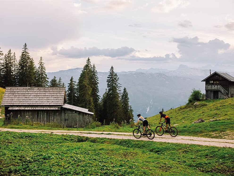 2 Biker auf einem Schotterweg auf einer Alm.