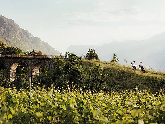 2 Radfahrer stehen auf einem Radweg, der über ein Viadukt führt.