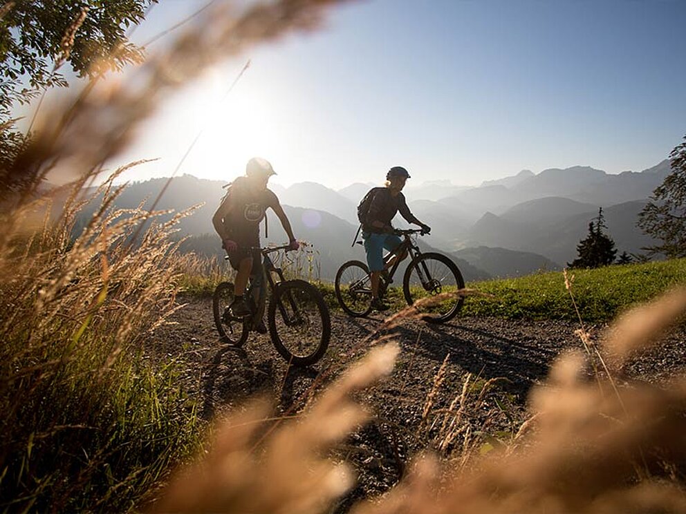 2 Biker im Nationalpark Kalkalpen in der Abenddämmerung