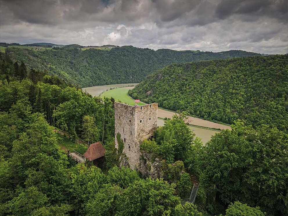 eine Ruine hoch über der Donau.