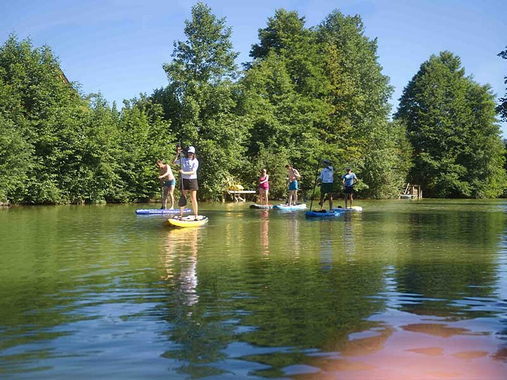 einige Personen am Stand up Paddle am See