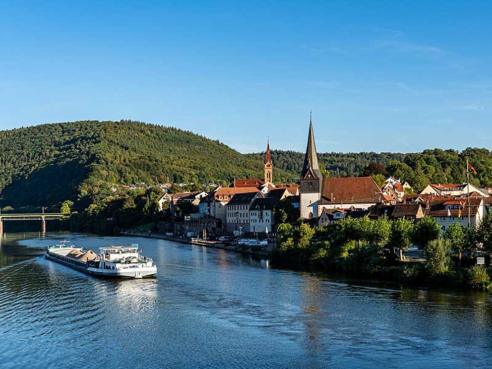 Ein Schiff zieht gemächlich an Neckargmünd vorüber