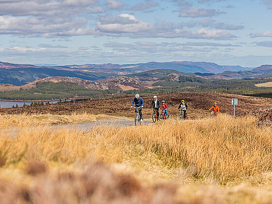 Eine Gruppe von Radfahrern in der herbstlichen Landschaft am Weg zum Aussichtspunkt.