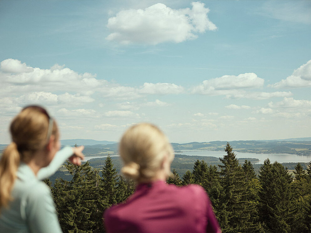 2 Damen schauen in die Ferne vom Aussichtsturm aus.