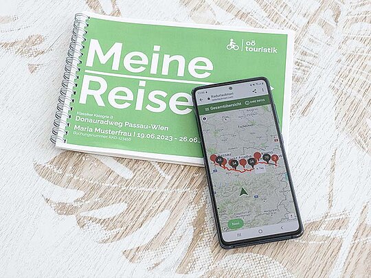 ein Smartphone mit der Navi-Anwendung und das Routenbuch auf einem Tisch liegend