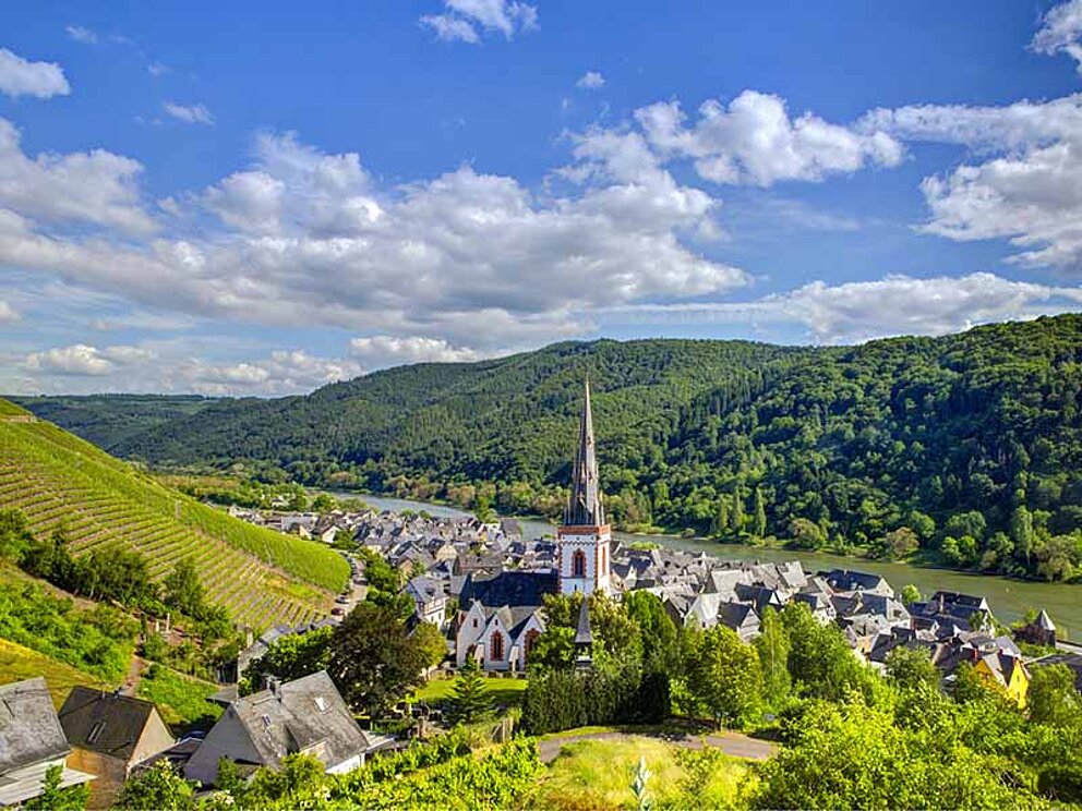 Blick auf Ortschaft an der Mosel im Radurlaub in Deutschland