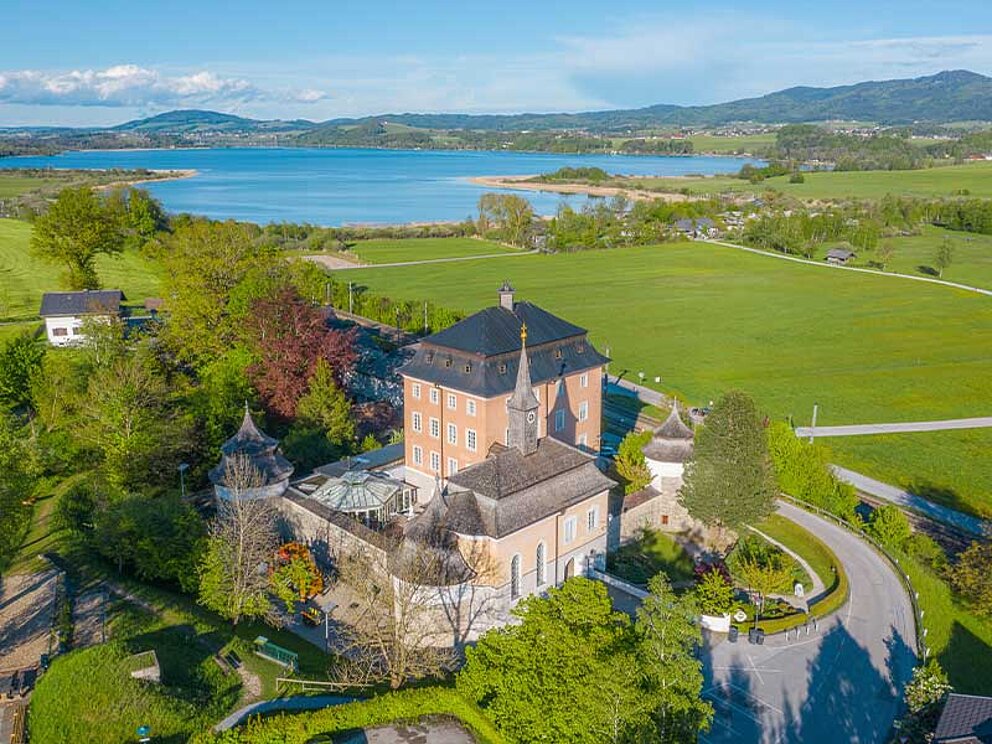 Luftaufnahme vom Ort Seekirchen, im Hintergrund der Wallersee