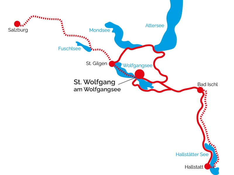 Skizze der täglichen Radtouren für die Sternradtour im Salzkammergut ab St. Wolfgang