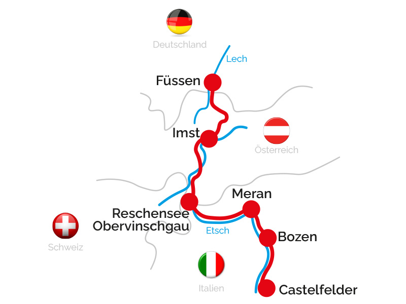 Skzizzierte Karte für die Radtour von Füssen nach Bozen