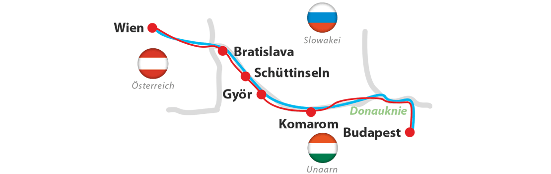 Karte mit Verlauf des Donauradweges in Ungarn