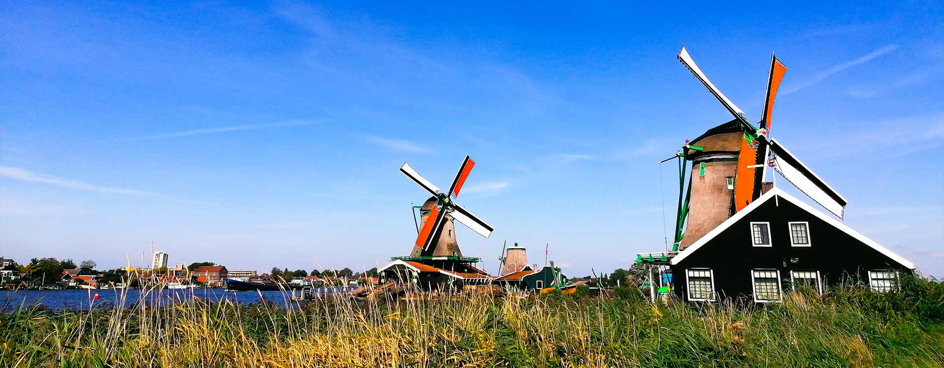 2 Windmühlen von Zaandam bei strahlend blauem Himmel