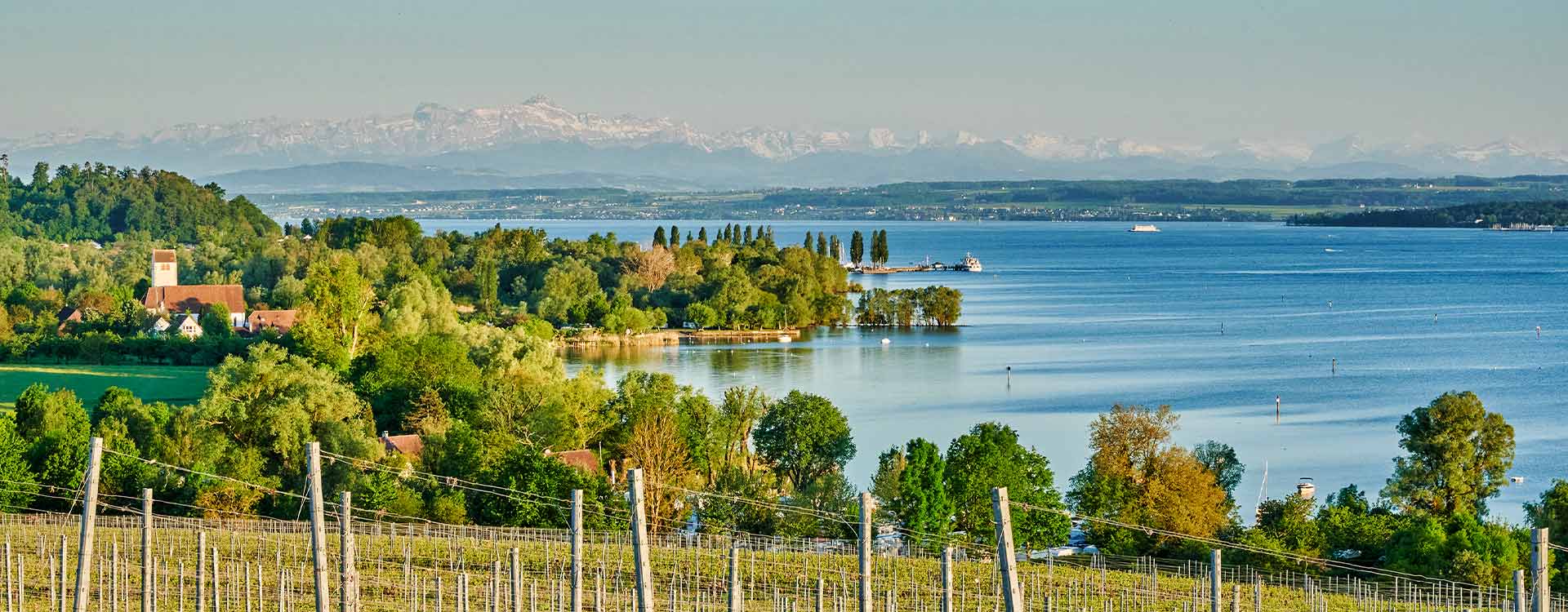 Blick vom Weingarten in Richtung Bodensee und den Hafen von Unteruhldingen