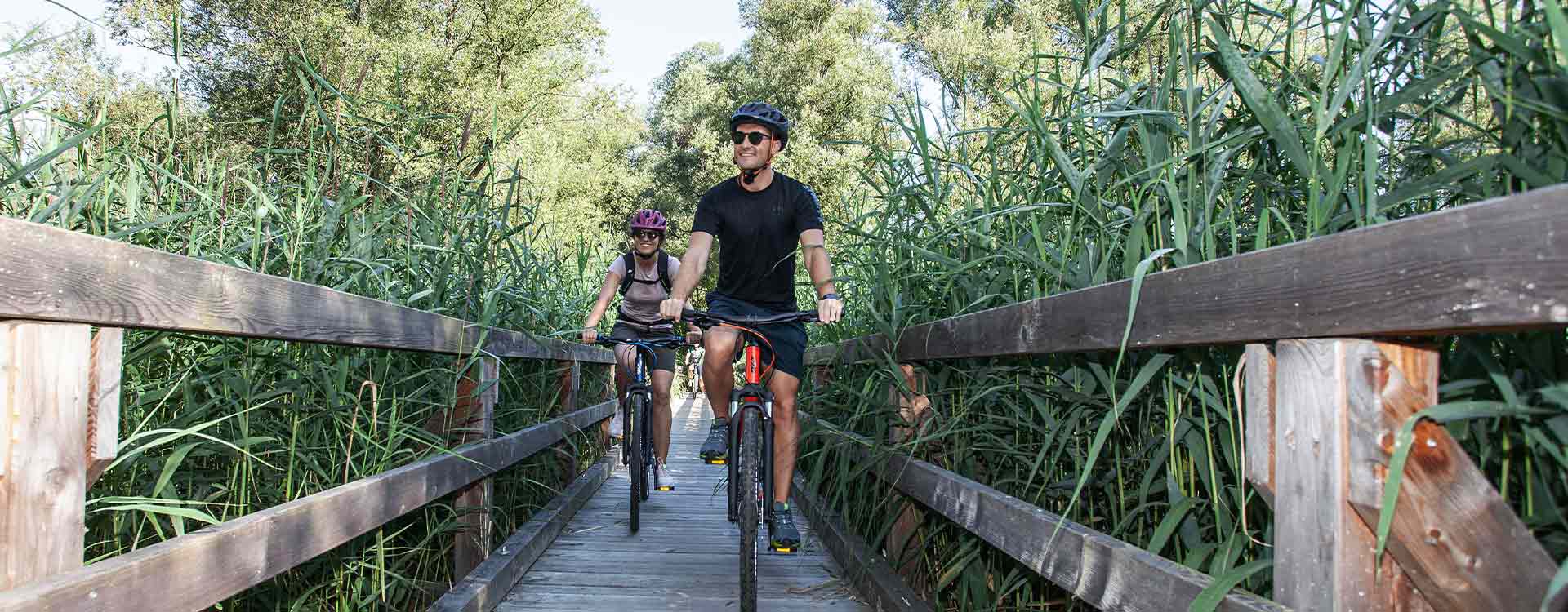 2 Radfahrer fahren über eine Holzbrücke