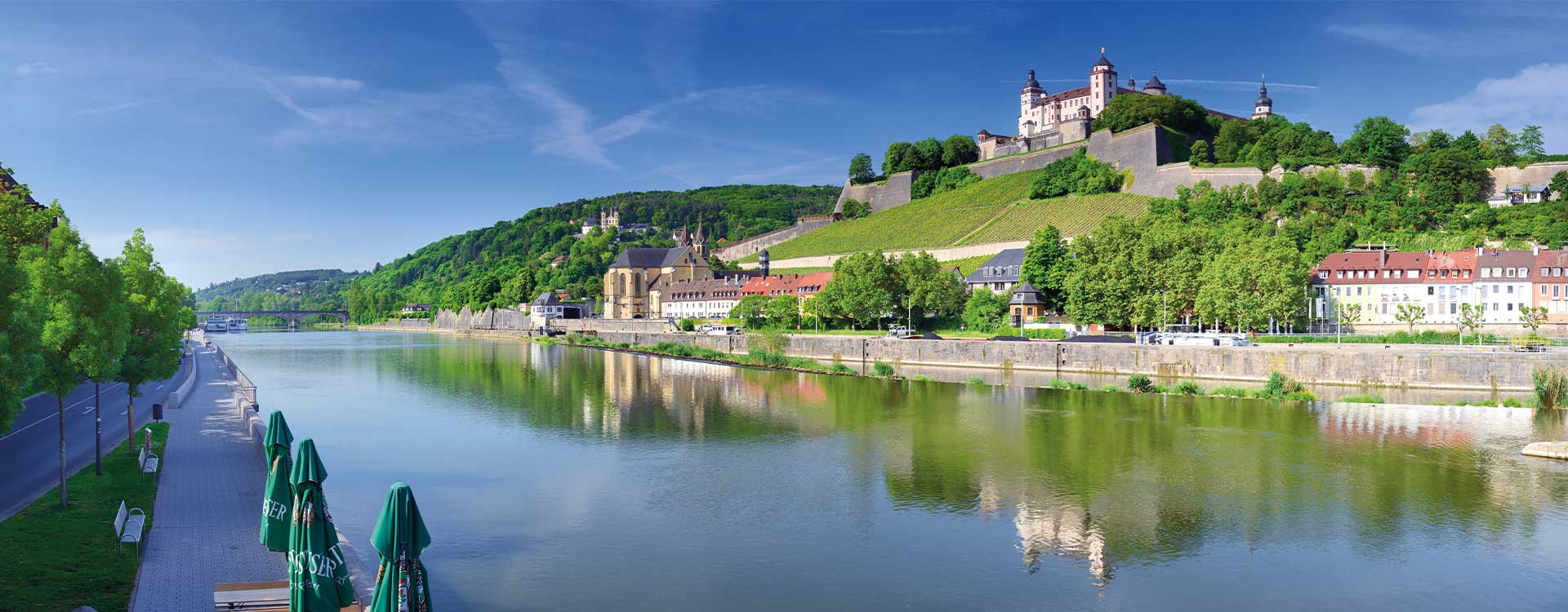Panoramaansicht vom Mainufer mit der Festung Marienberg in Würzburg